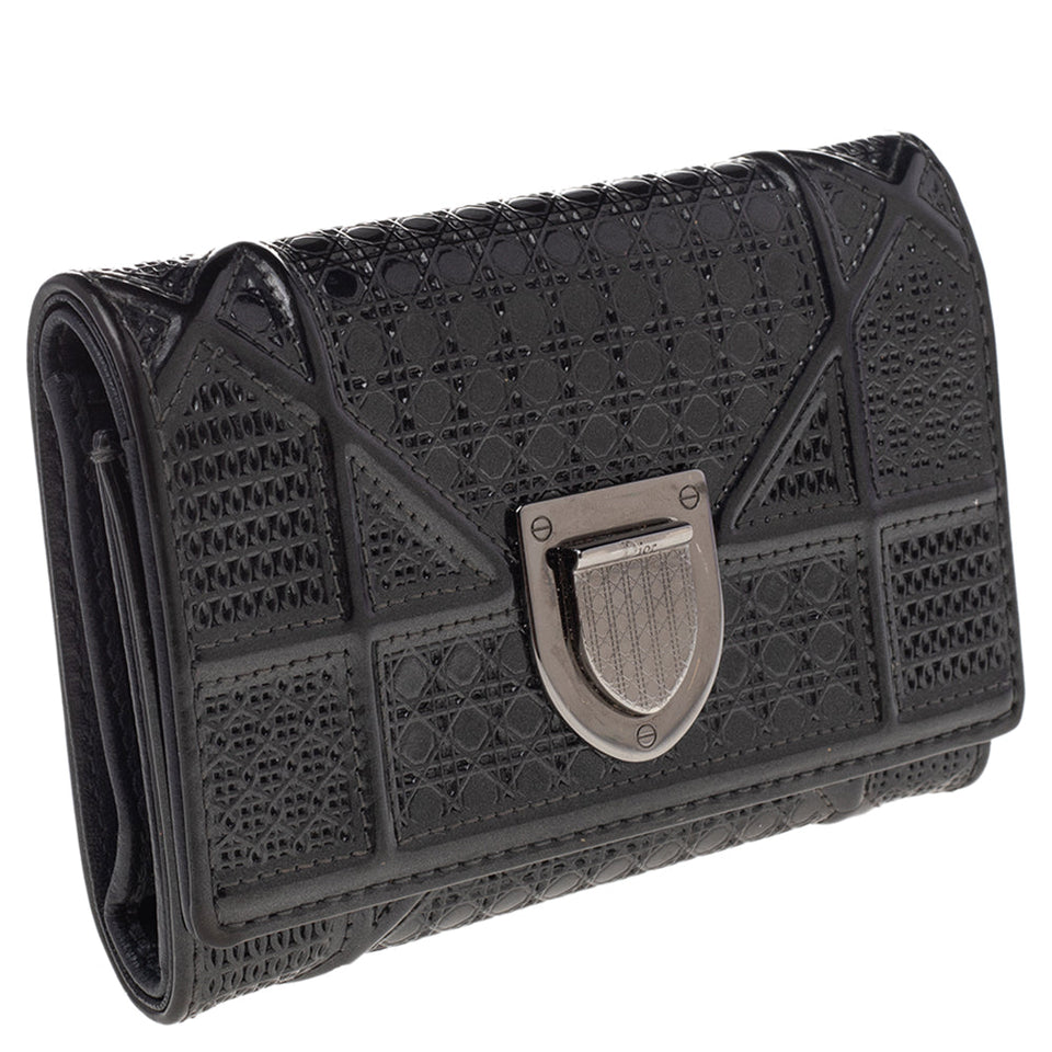 Dior Metallic Grey Micro Cannage Patent Leather Diorama Trifold Wallet..