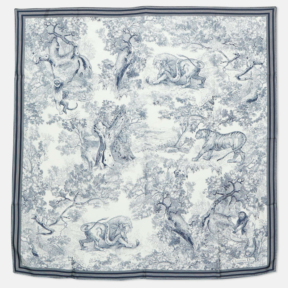 Dior Navy Blue/white Toile De Jouy Sauvage Silk Square Scarf