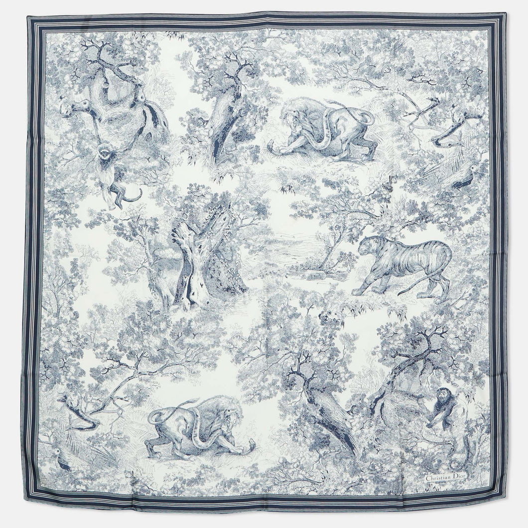 Dior Navy Blue/white Toile De Jouy Sauvage Silk Square Scarf