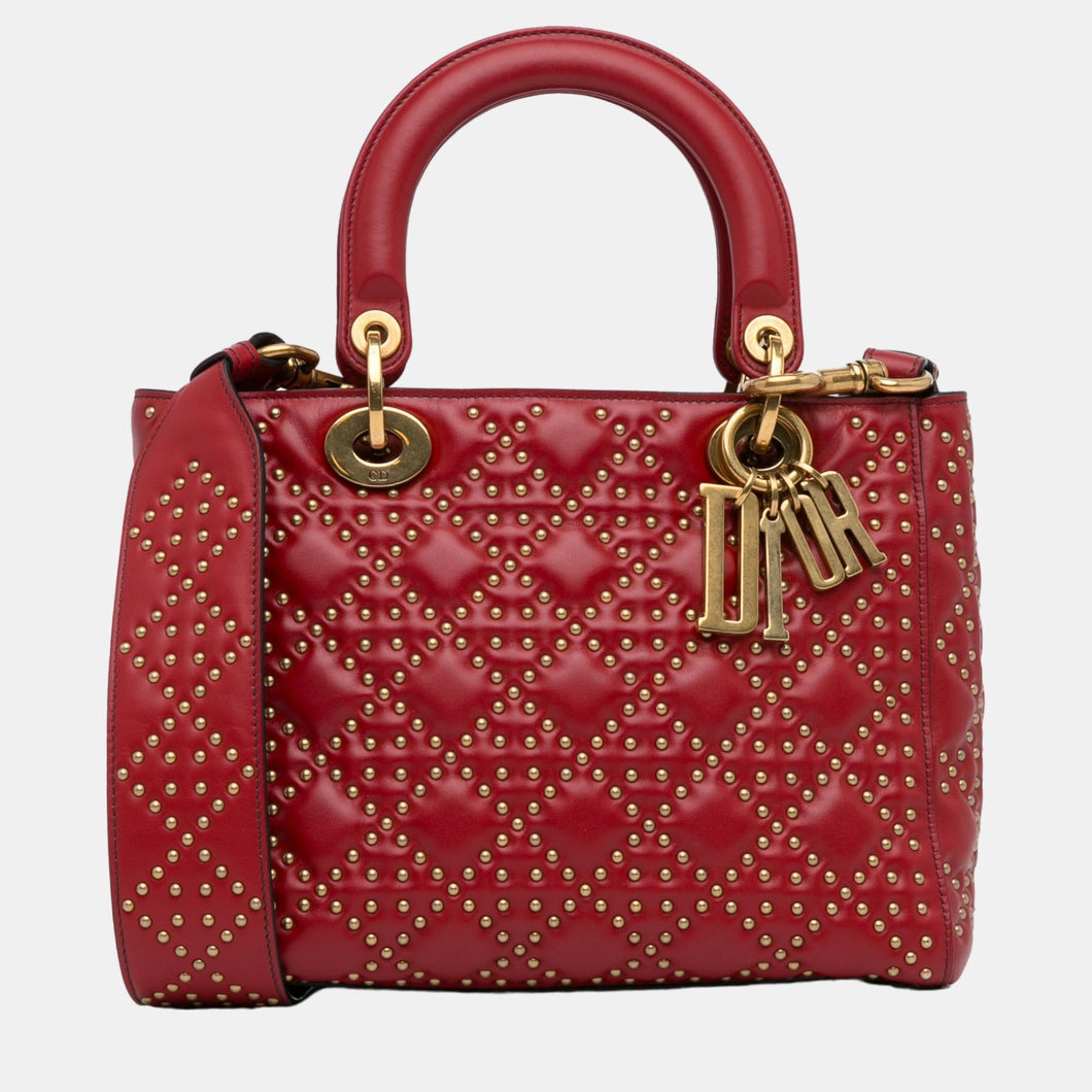 Red Medium Lambskin Cannage Studded Supple Lady Dior