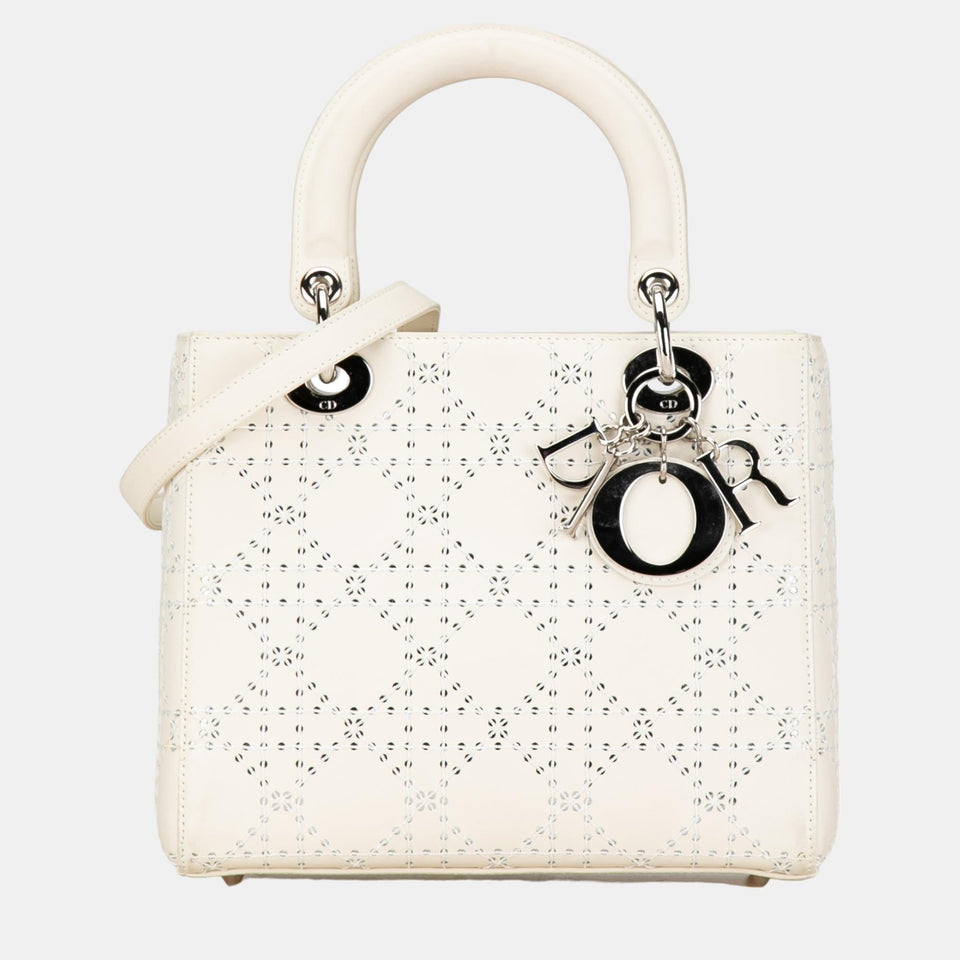 White Medium Perforated Calfskin Cannage Lady Dior
