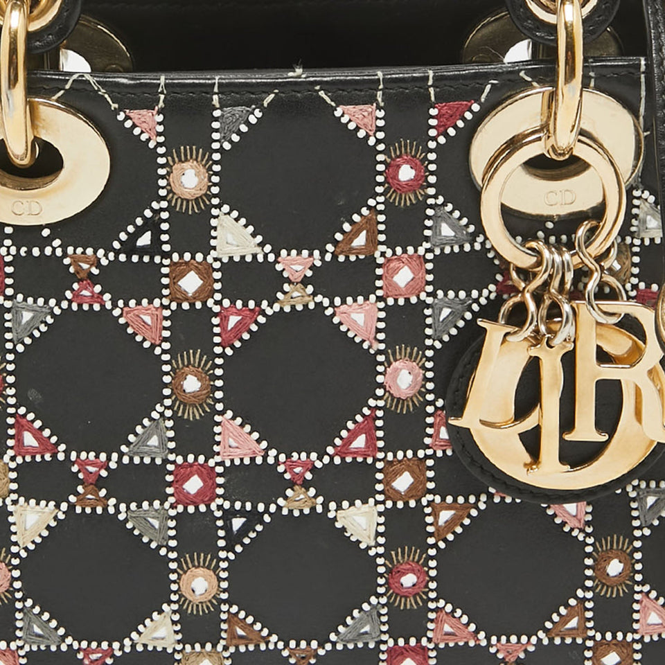 Dior Black Leather Mini Embroidered Beaded Lady Dior Tote