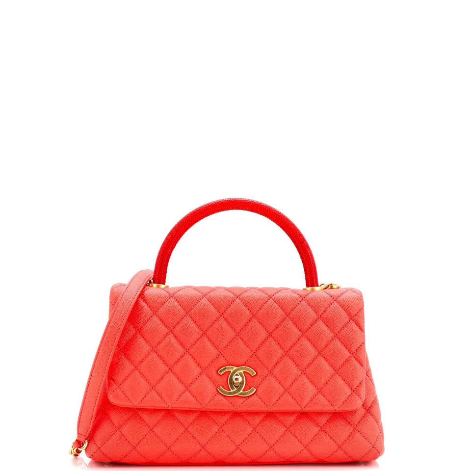 CHANEL Coco Top Handle Bag Quilted Caviar with Lizard Embossed Handle Small