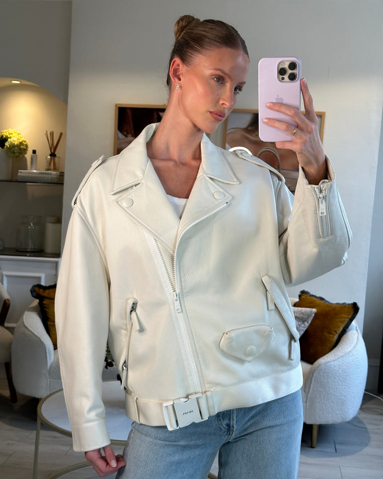 Prada Off White Leather Biker Asymmetric Jacket with Metal Logo Belt Buckle Detail Size IT 42 (UK 10)