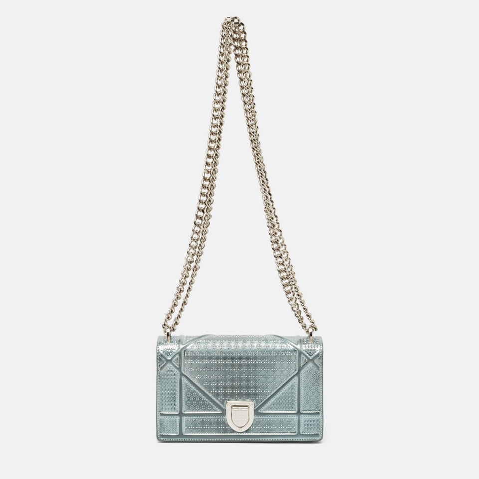 Dior Light Blue Microcannage Patent Leather Mini Diorama Chain Shoulder Bag..