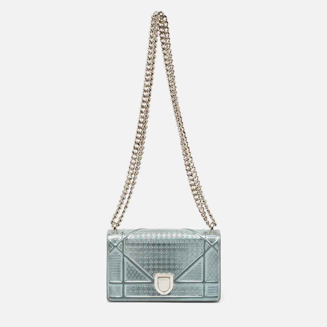 Dior Light Blue Microcannage Patent Leather Mini Diorama Chain Shoulder Bag..