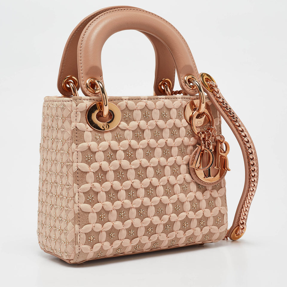 Dior Peach Leather And Suede Mini Beaded Ribbon Lady Dior Tote