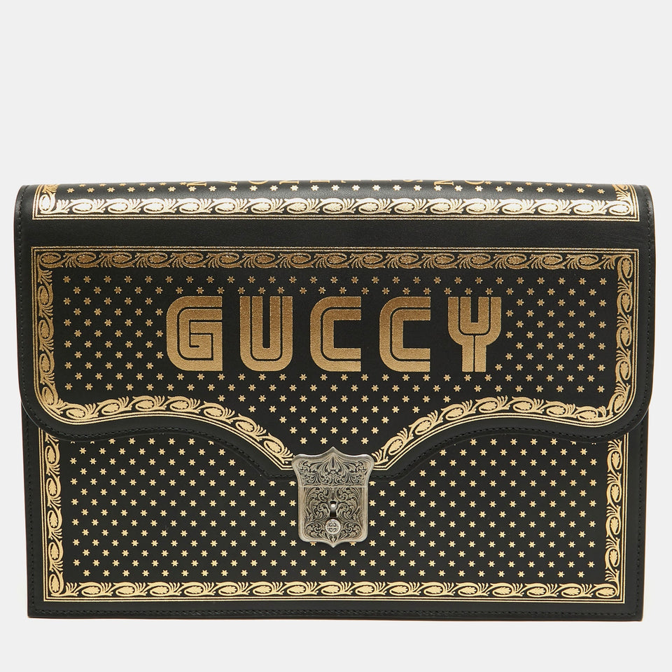 Black/Gold Leather Printed GUCCY Portfolio Clutch