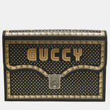 Black/Gold Leather Printed GUCCY Portfolio Clutch