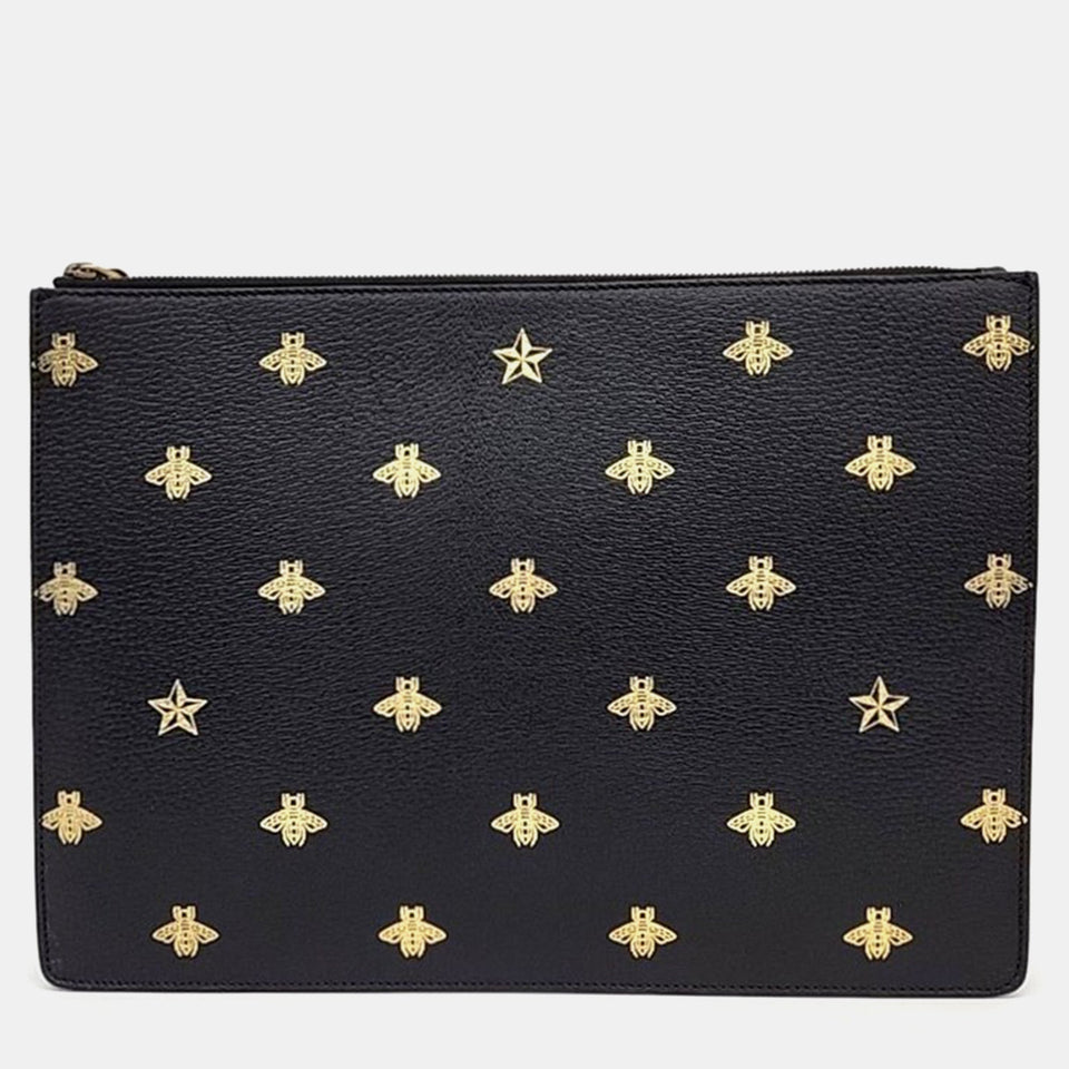 Black Leather Bee Star Clutch