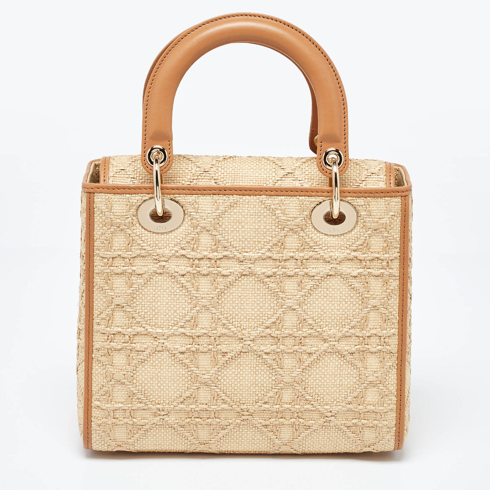 Dior Beige Raffia And Leather Medium Lady Dior Tote