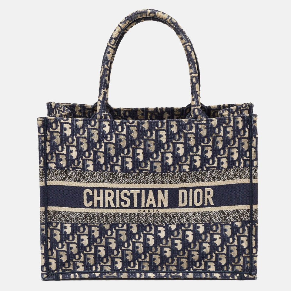 Dior Navy Blue Oblique Embroidered Canvas Medium Book Tote