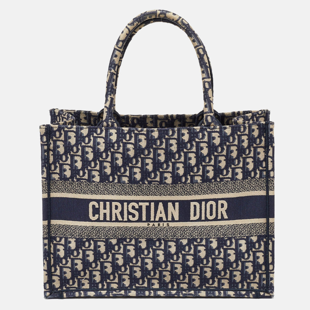 Dior Navy Blue Oblique Embroidered Canvas Medium Book Tote