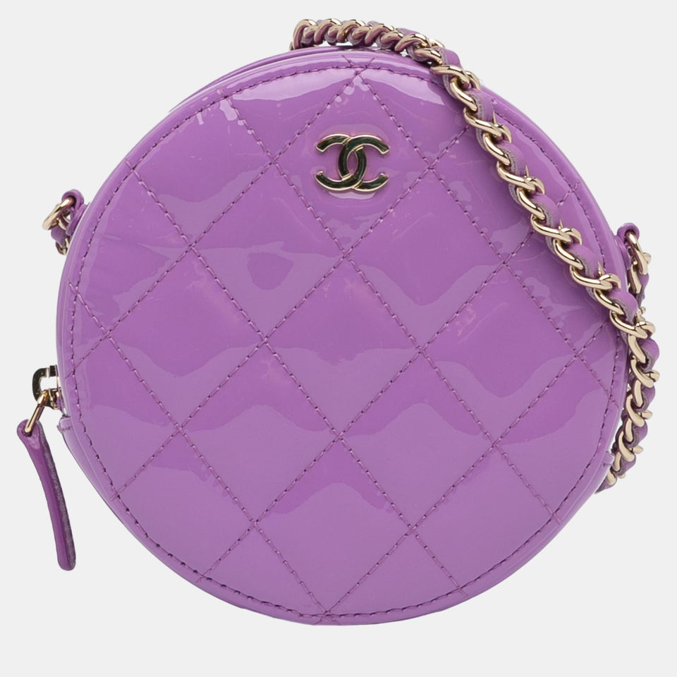 Purple CC Quilted Patent Round Clutch With Chain