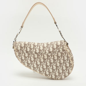 Dior Beige/white Oblique Canvas And Leather Floral Embroidered Saddle Shoulder Bag