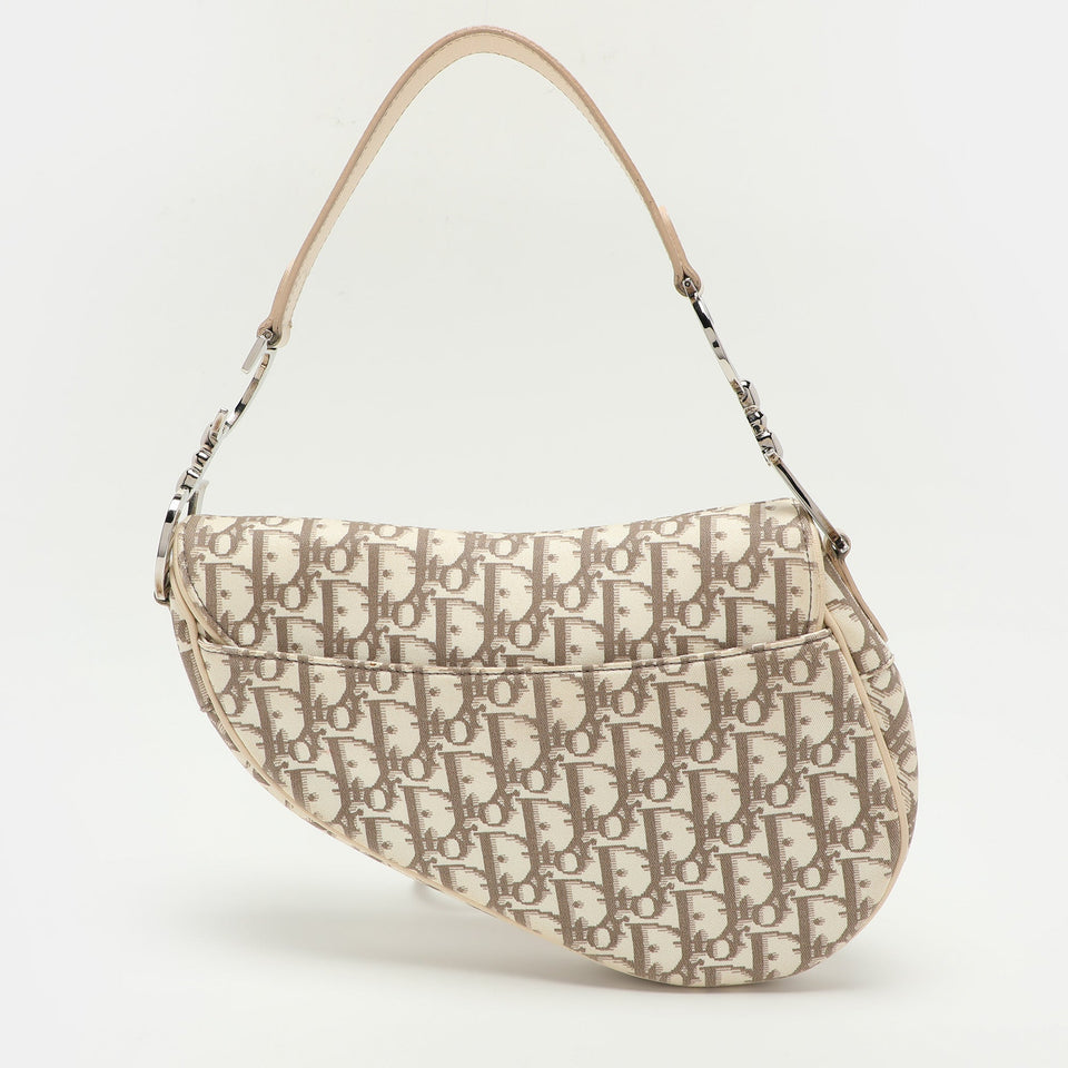 Dior Beige/white Oblique Canvas And Leather Floral Embroidered Saddle Shoulder Bag