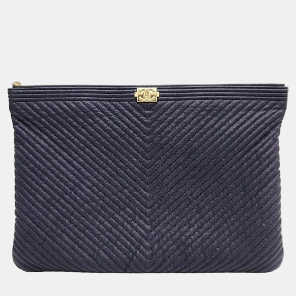 Navy Blue Caviar Leather Large O Case Boy Clutch Bag