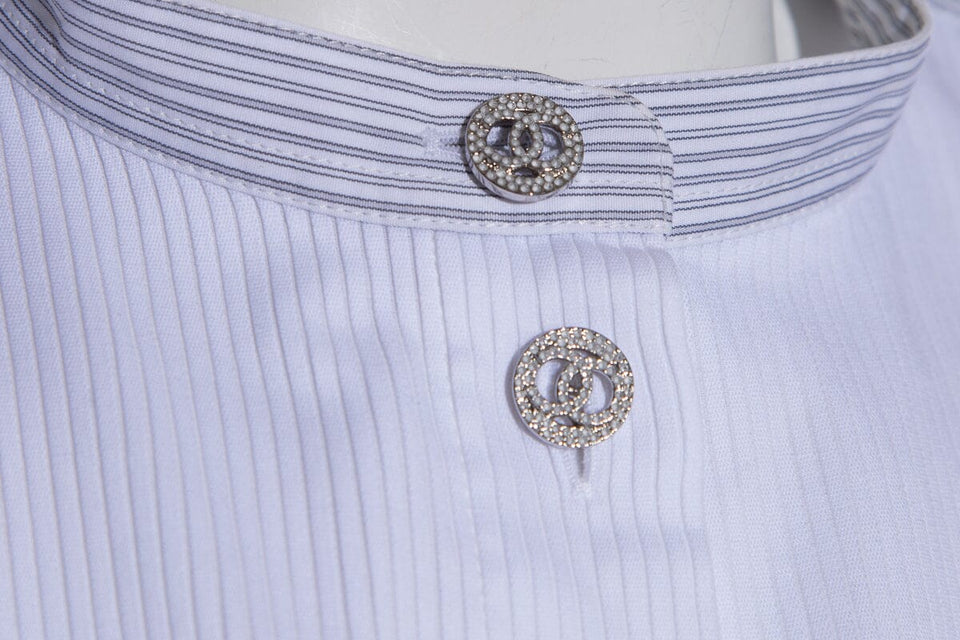 Chanel Gray & White Pinstripe Bib Blouse SZ 38