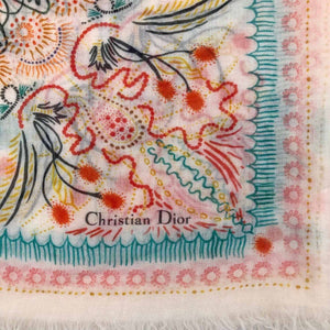 Dior shawl 135cm in multicolour abstract leaf design on cream cashmere