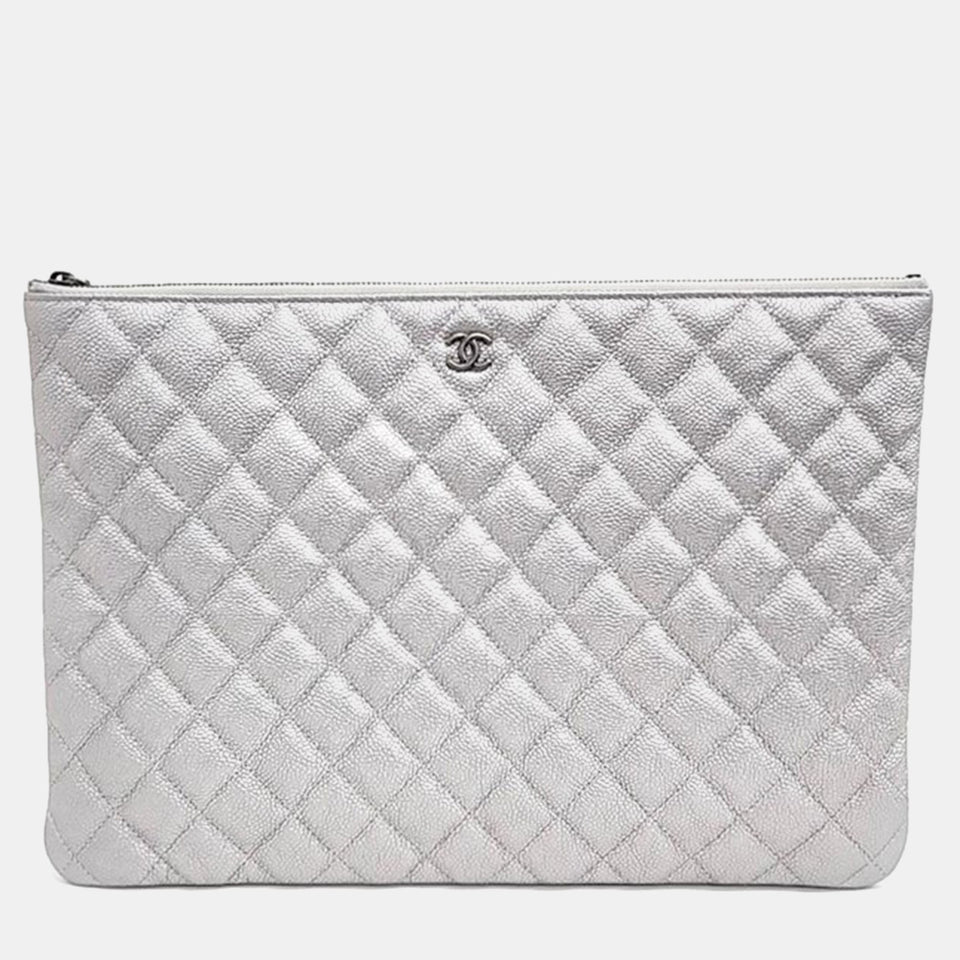 Silver Caviar Leather Clutch Bag