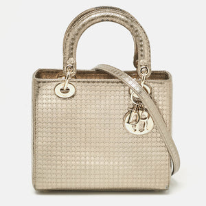 Dior Gold Microcannage Patent Leather Medium Lady Dior Tote