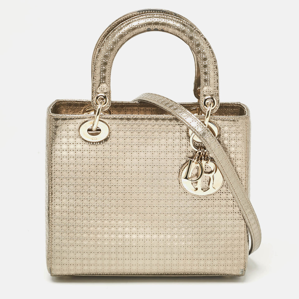 Dior Gold Microcannage Patent Leather Medium Lady Dior Tote