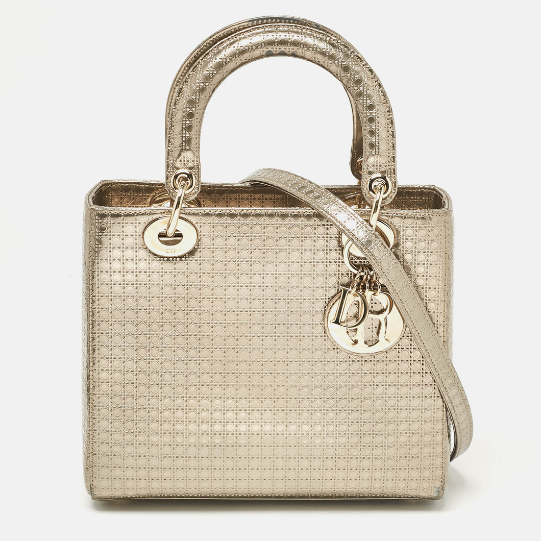 Dior Gold Microcannage Patent Leather Medium Lady Dior Tote