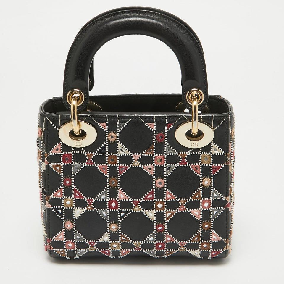 Dior Black Leather Mini Embroidered Beaded Lady Dior Tote