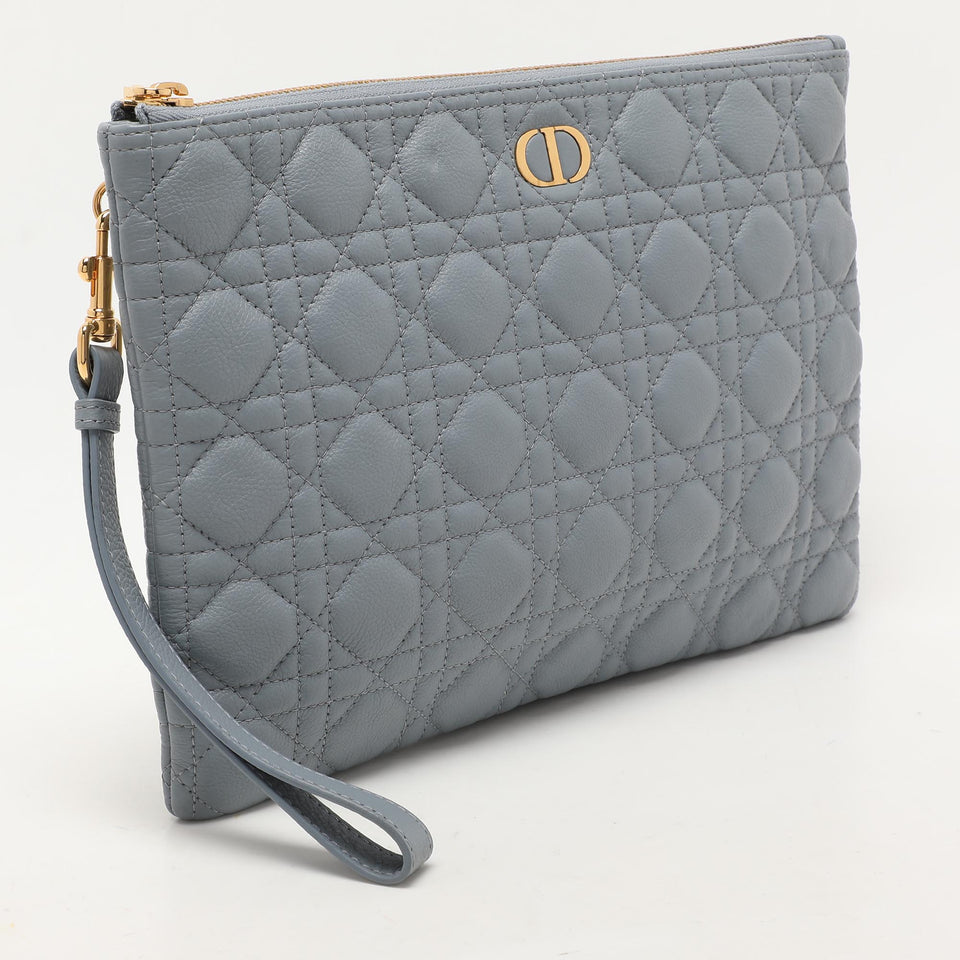 Dior Dust Blue Quilted Leather Caro Wristlet Clutch