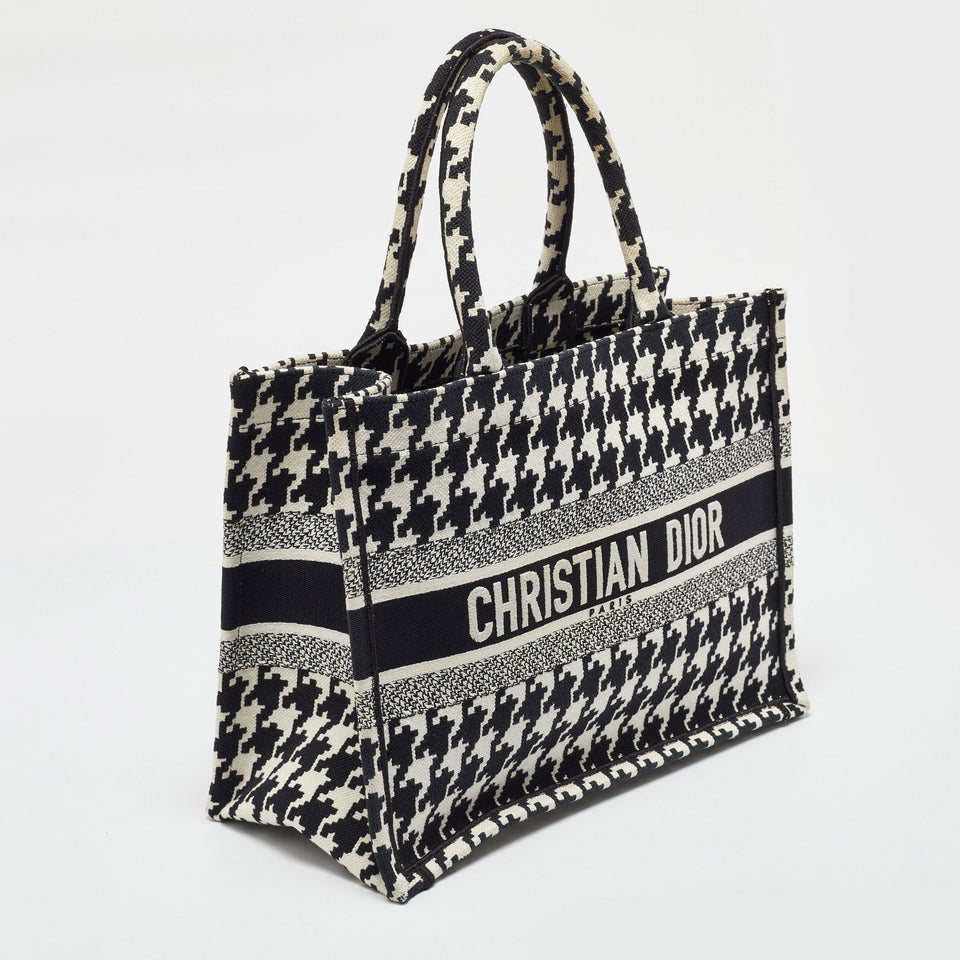 Dior Black/white Embroidered Macro Houndstooth Canvas Medium Book Tote