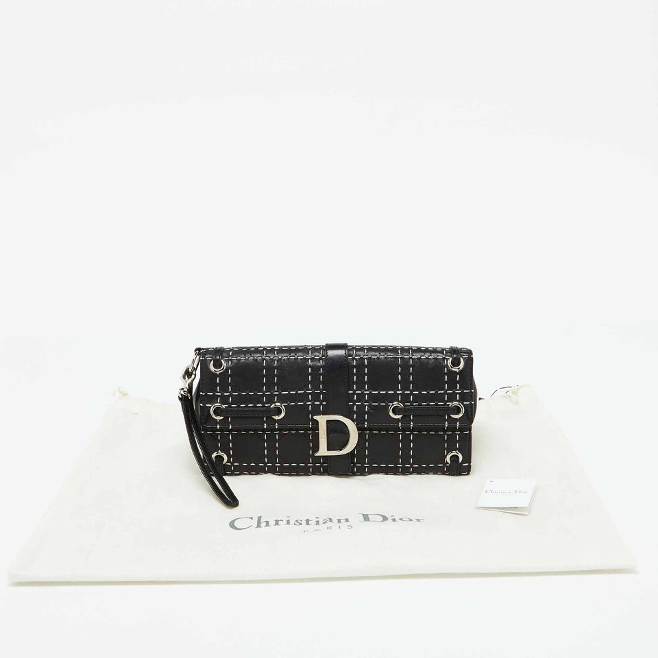 Dior Black Leather Cannage Perforated Stitched Flap Clutch