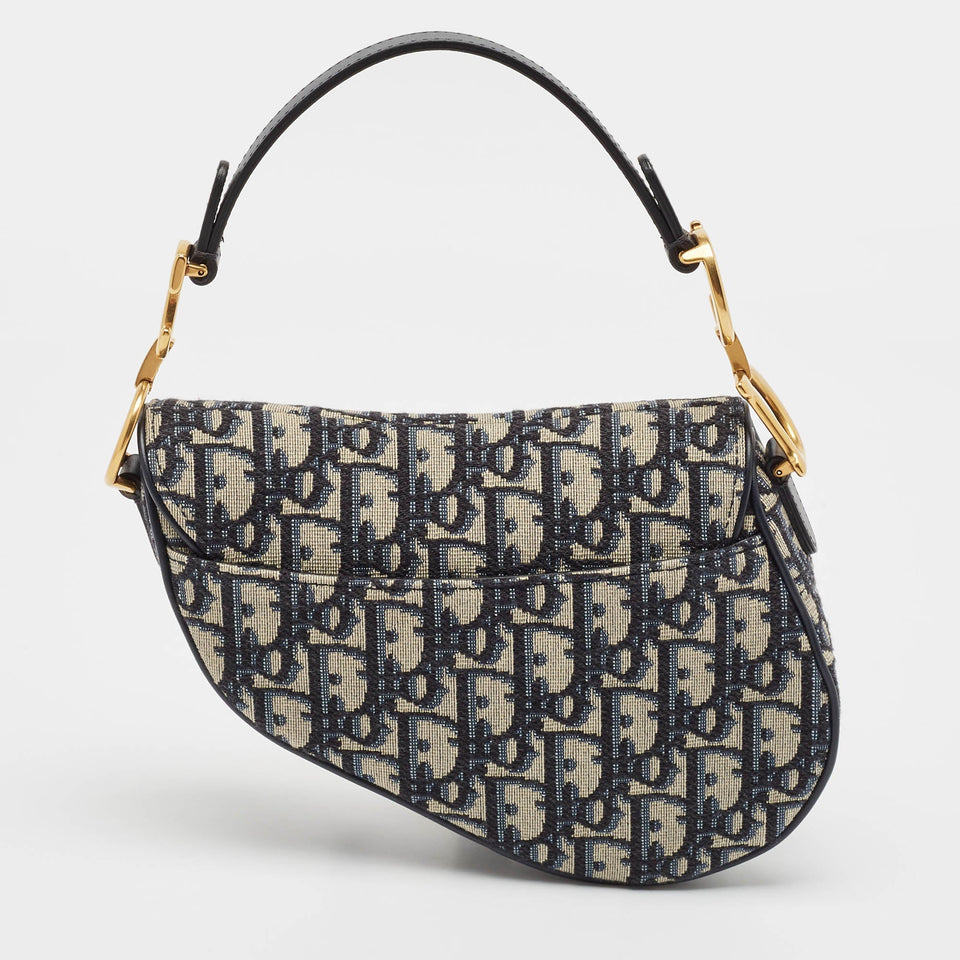 Dior Navy Blue Oblique Canvas And Leather Mini Saddle Bag