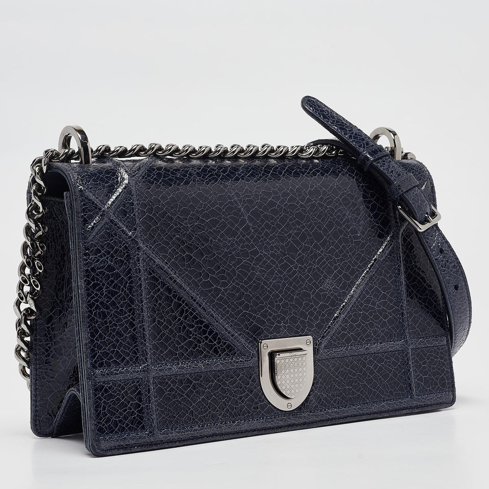 Dior Navy Blue Crinkled Patent Leather Medium Diorama Shoulder Bag