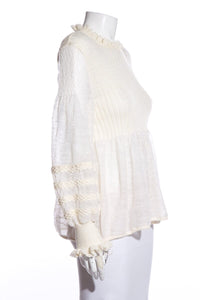 Chanel Ivory Lace Pattern Sleeves Ribbed Blouse SZ 42