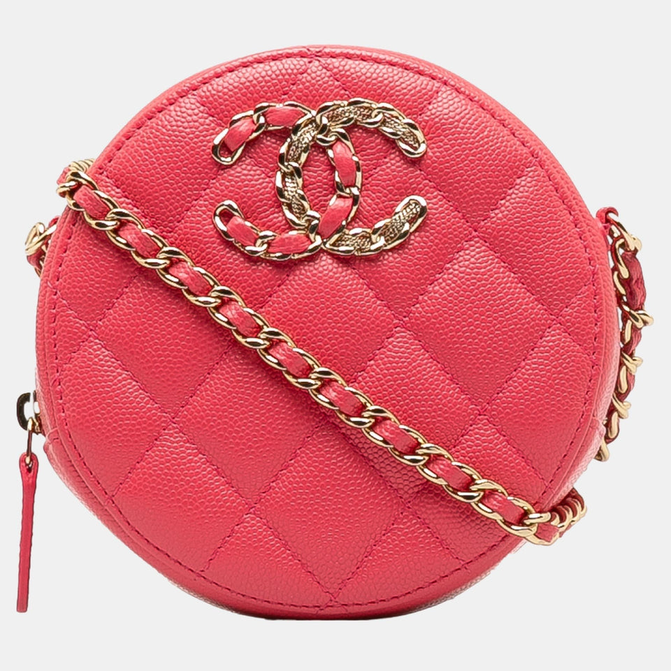 Pink 19 Round Caviar Clutch With Chain