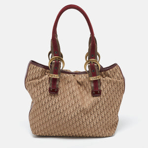 Dior Beige/maroon Oblique Canvas Suede And Patent Leather Tote