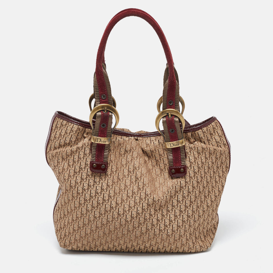 Dior Beige/maroon Oblique Canvas Suede And Patent Leather Tote