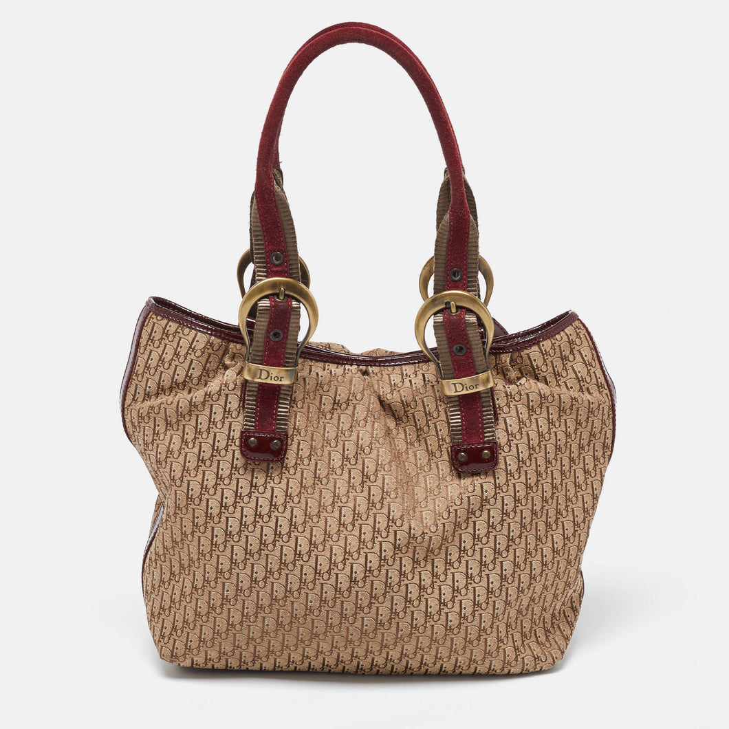 Dior Beige/maroon Oblique Canvas Suede And Patent Leather Tote