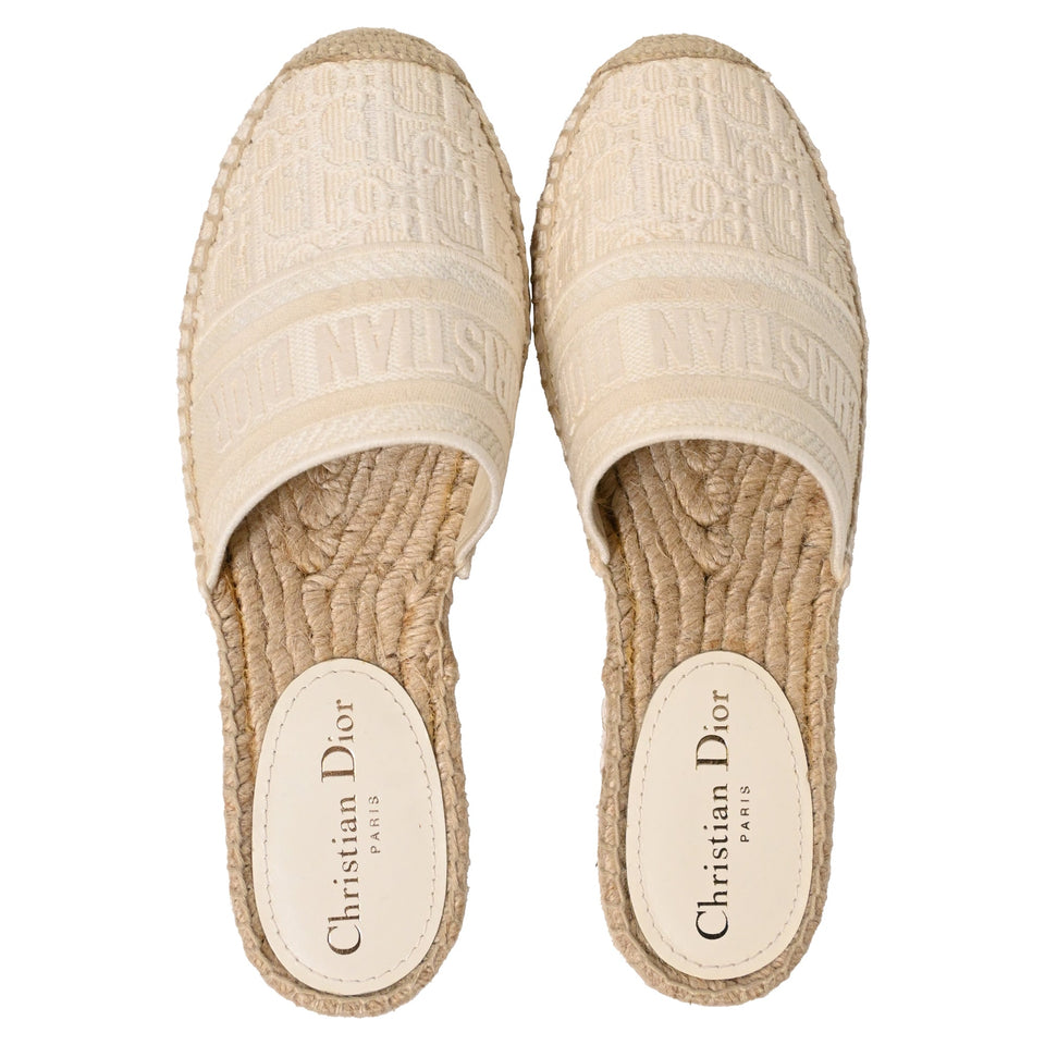 Dior Granville Embroidered Flat Espadrille Mules in White Cotton