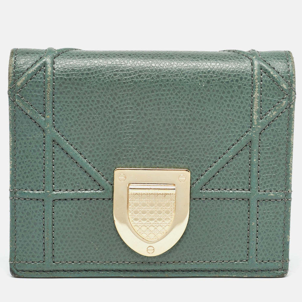 Green Leather Diorama Bifold Compact Wallet