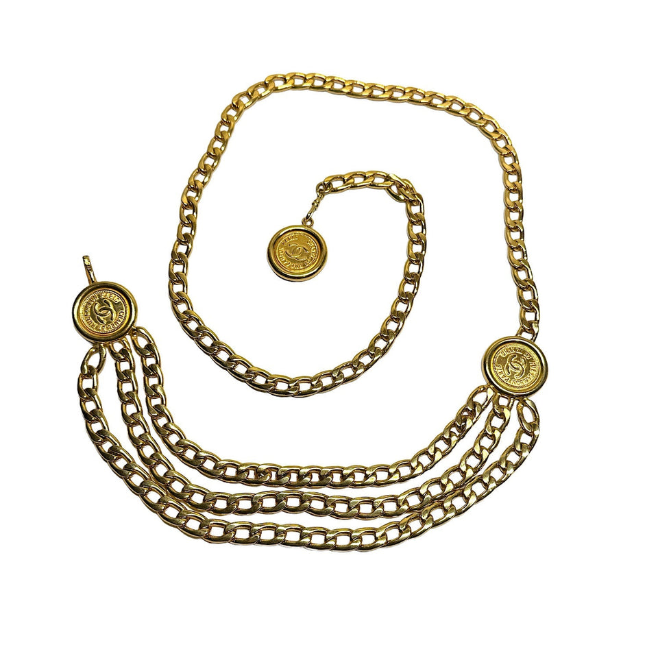 Vintage Chanel Gold Plated Cambon 31 Rue Coin Chain 3-Row Belt