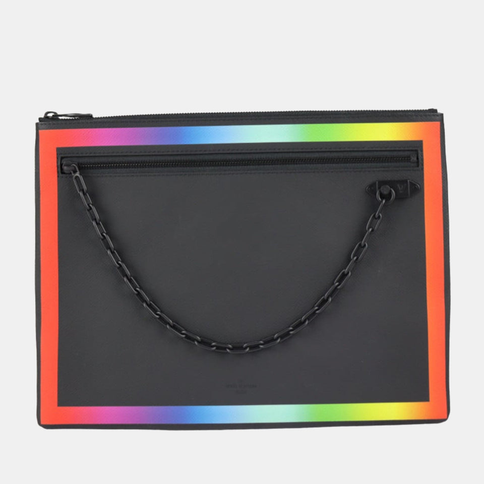 Black Leather Taiga A4 Rainbow Pochette Clutch Bag