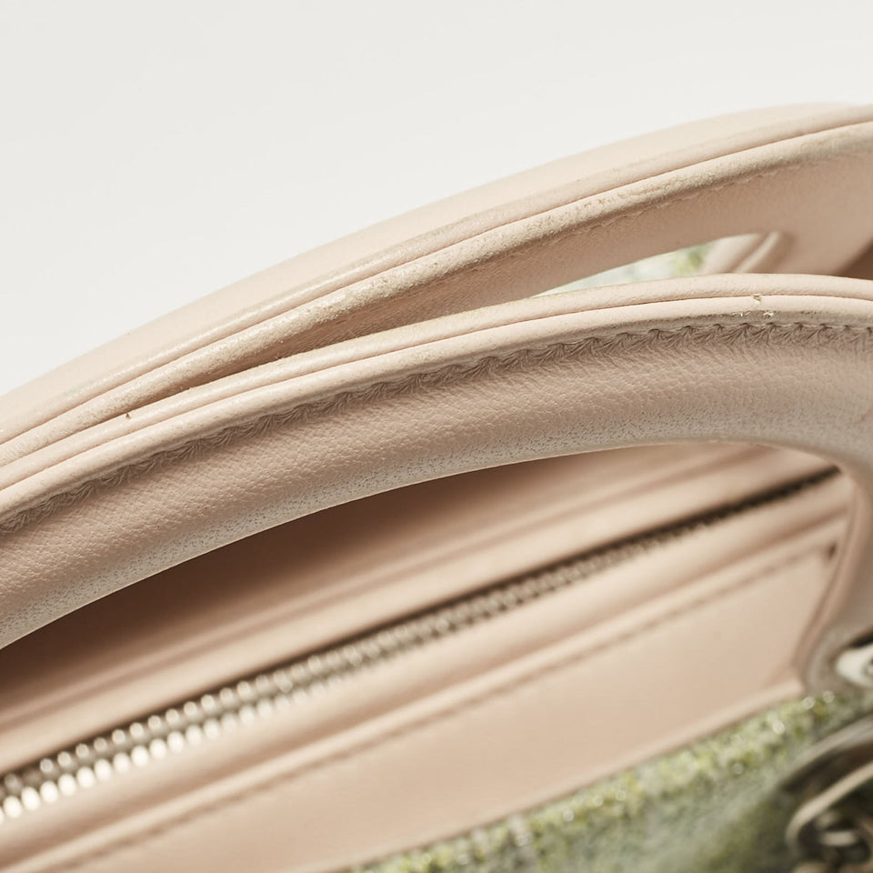 Dior Green/beige Leather And Tweed Medium Lady Dior Tote