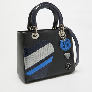Dior Black/blue Crackled Patent And Leather Medium Patch Embellished  Lady Dior Tote