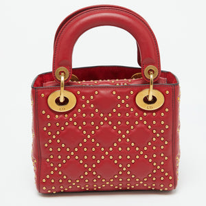 Dior Red Leather Mini Studded Supple Lady Dior Tote