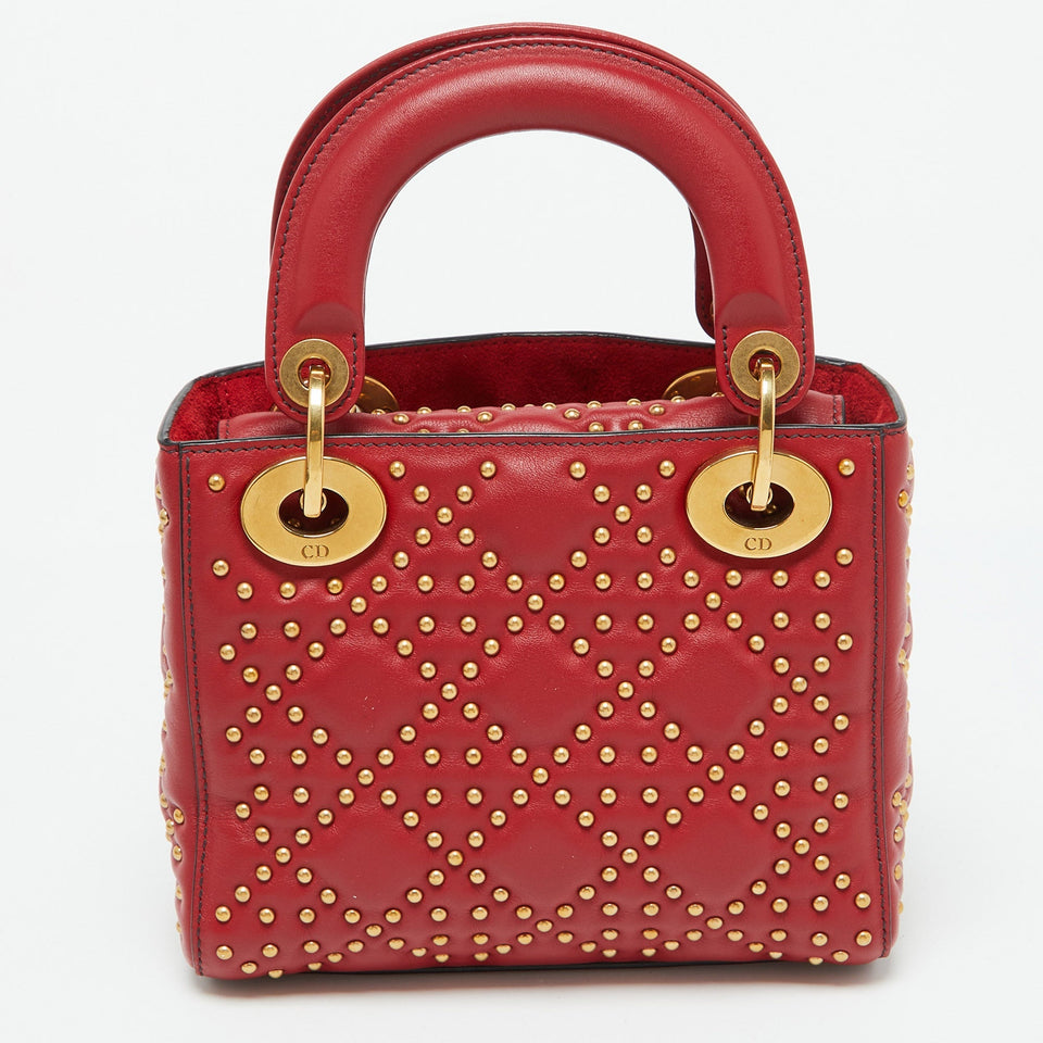 Dior Red Leather Mini Studded Supple Lady Dior Tote