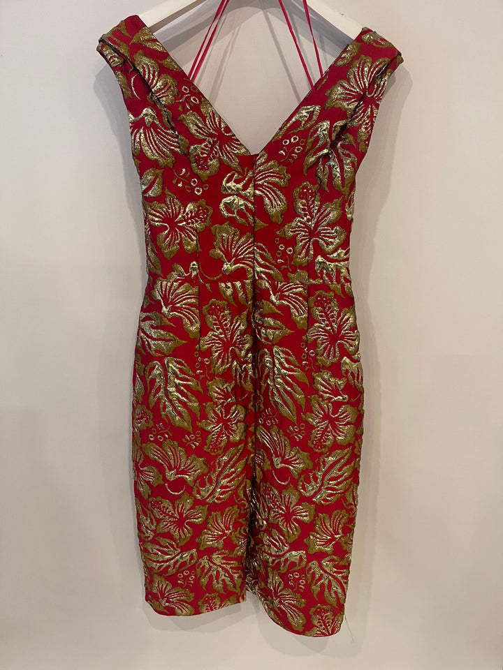 Prada Red & Gold Midi Dress with Floral & Bow Detail Size IT 40 (UK 8)
