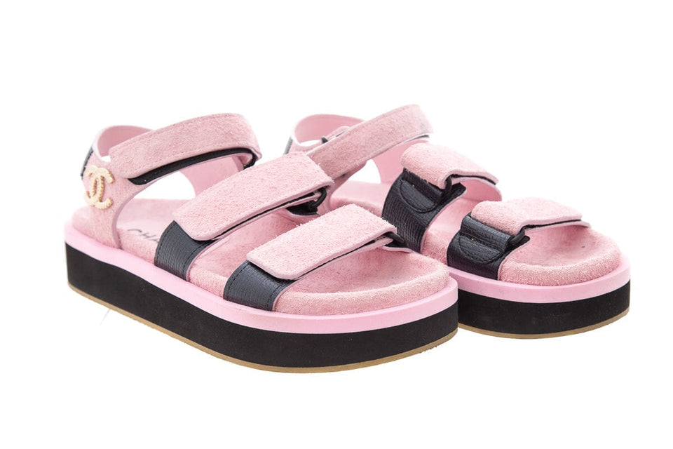 Chanel Pink Suede Calfskin Velcro Sandals SZ 37