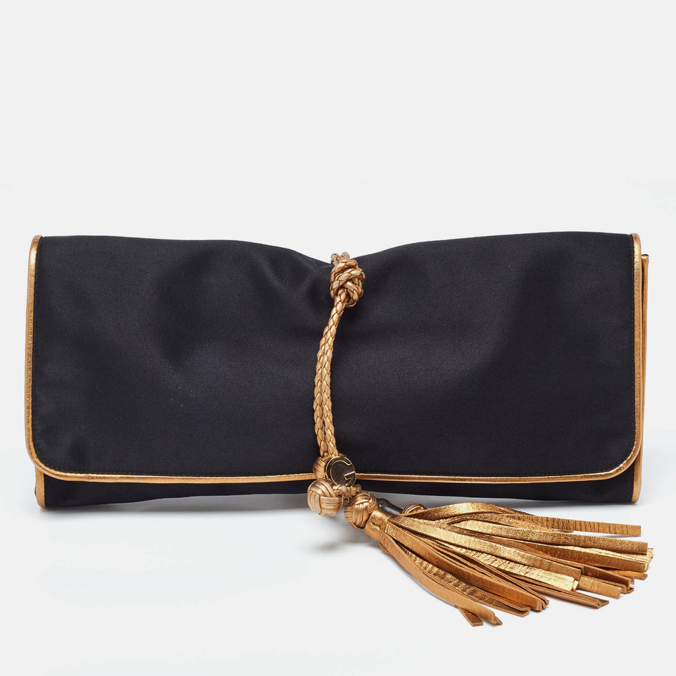 Black/Gold Satin Malika Tassel Clutch