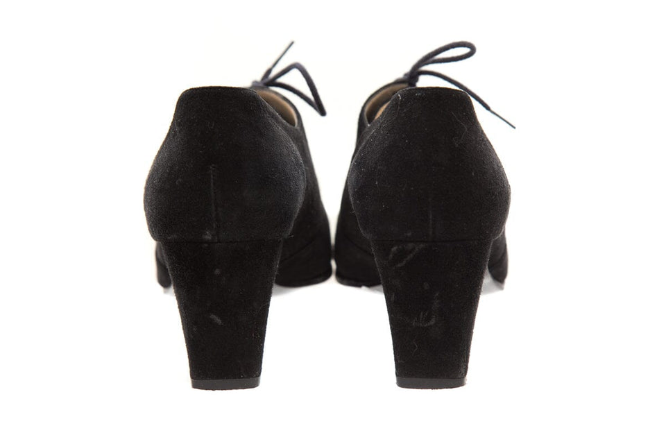 Chanel Black Suede Lace Up Low Heels SZ 37
